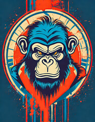Logo art vintage délavé du visage d'un chimpanzé 