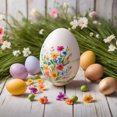 Obraz na płótnie Canvas Painted Eggs with Flowers. Easter Banner with copy-space, featuring a Basket of Eggs on White Wood floor.