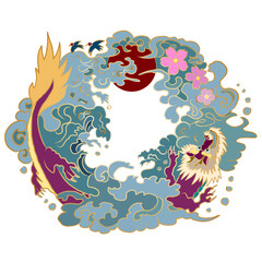 Obraz premium Traditional Chinese culture for printing on cookies box.Happy Chinese new year 2024.Hand drawn vector for elements on background.Japanese wave and clouds for painting on shrit or wall art,clipart.