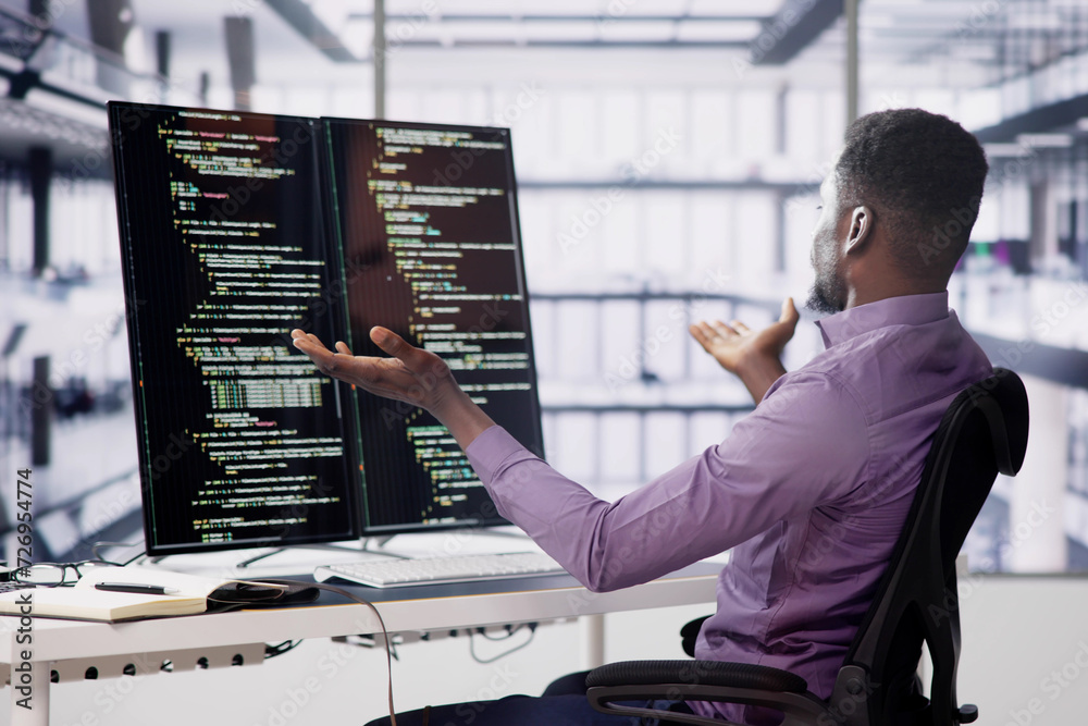 Poster Unhappy Sad Developer Programmer Man In Stress Coding Software