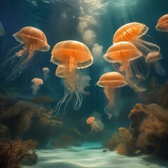 Fototapeta na wymiar Surreal underwater world with floating jellyfish and bioluminescent creatures1