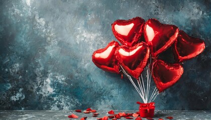 Red heart-shaped balloons on gray background. Winter love holiday. Valentine's Day