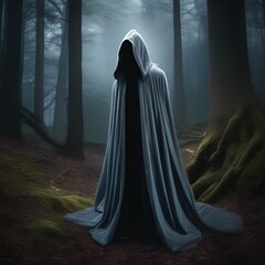 Mysterious hooded figure standing in a moonlit forest clearing4 - obrazy, fototapety, plakaty