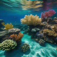 Vibrant blue and green, underwater scene with floating bubbles and coral reef3