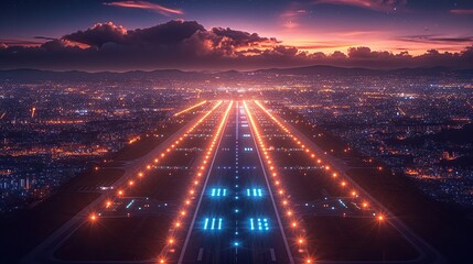 Glow of the runway guides the plane, a beacon in the night - obrazy, fototapety, plakaty