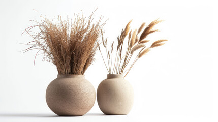 Front view, realistic photography about autumn collection of nostalgic dried plants in ceramic pots, isolated on white background...
