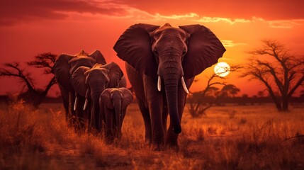 A herd of elephants strolls across the plain at sunset against the background of the sky and trees. Golden hour Safari, Africa nature, Wildlife. - obrazy, fototapety, plakaty