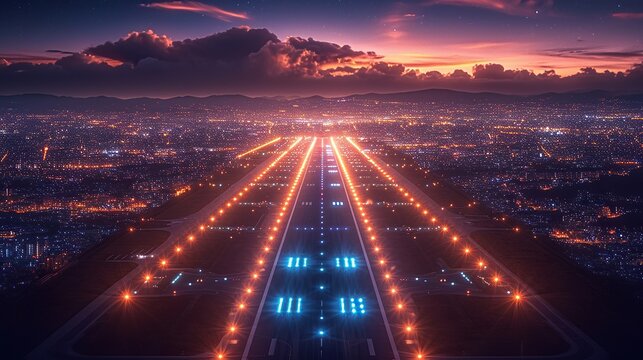 Glow of the runway guides the plane, a beacon in the night