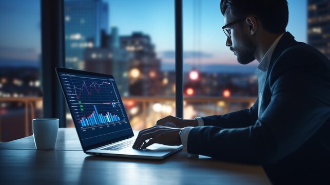 Focused professional utilizing laptop for business analytics: metrics, kpis, and data insights for strategic decision-making in management - data science concept - Powered by Adobe