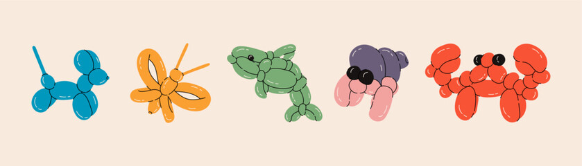 Set of balloon animals, dog, butterfly, dolphin, crab. Birthday celebration party. Fancy abstract characters isolated vector. Colorful drawing of inflatable toys made of twisted balloons