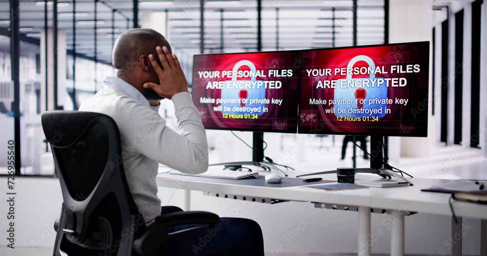 Aufkleber ransomware malware attack. hacked business computer