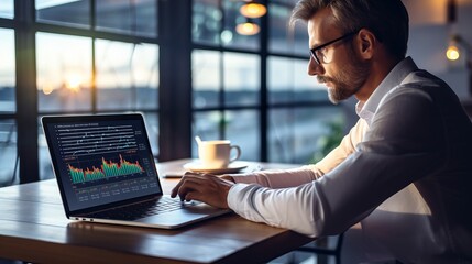 Focused professional utilizing laptop for business analytics: metrics, kpis, and data insights for strategic decision-making in management - data science concept