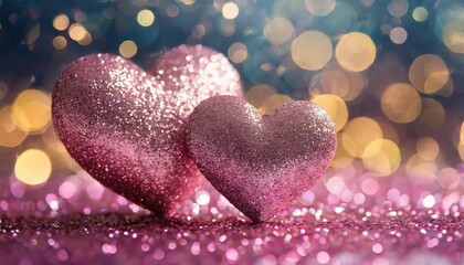 Two pink glitter hearts with bokeh background. Winter love holiday. Valentine's Day