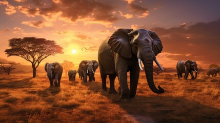 A herd of elephants strolls across the plain at sunset. Safari, Africa nature, Wildlife.