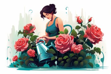 Woman Watering Flowers With a Watering Can