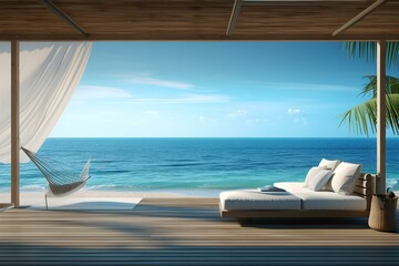 Fototapeta na wymiar Living Beach Lounge - Ocean Villa on Sea View for Vacation and Summer / 3d Render Interior.