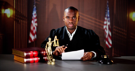 Male Judge Reading Documents While Sitting At Desk