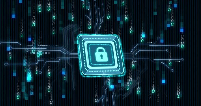 Animation of padlock icon and binary coding data processing over black background