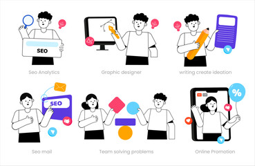 Set of Achivement. seo Analytics, graphic designer, writing create ideation, seo mail, team solving problems, online promotion. vector illustration