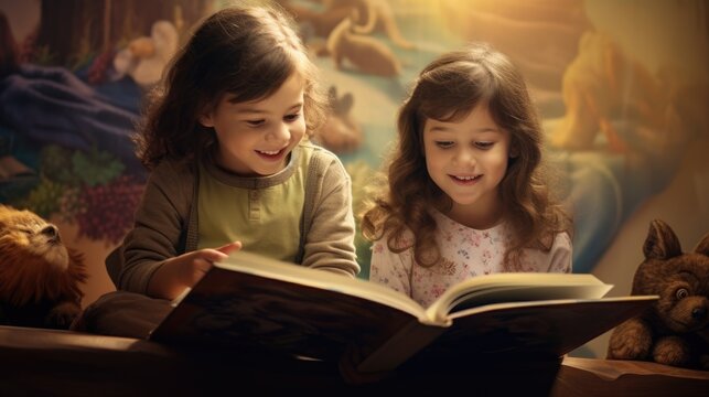 Happy two girls reading a book in a children's room on the background