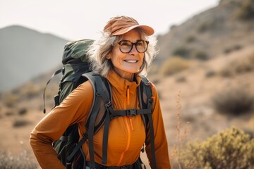 Senior woman hiking in the mountains. Active senior female hiker with backpack hiking in nature.