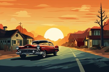 A Painting of an Old Car Driving Down a Road