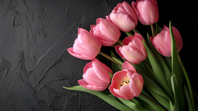 Bouquet of pink tulips on black background, Copy Space, spring flowers pink tulips isolated on black background, Generative Ai 