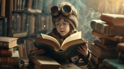 child reading a book in the library wearing old aviator goggles, world book day