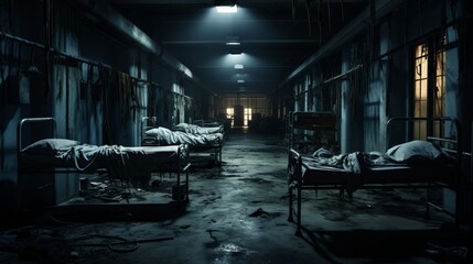A Dark Room With Several Beds