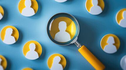 Yellow human icon inside of magnifier glass among white icons for customer focus and customer relation management or CRM concept. - obrazy, fototapety, plakaty