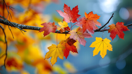 Naklejka na ściany i meble Colorful autumn maple leaves on a tree branch, generative ai