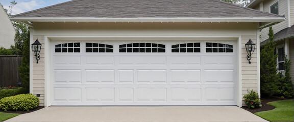 A typical garage door background. A typical American white garage door with a driveway in front. 
