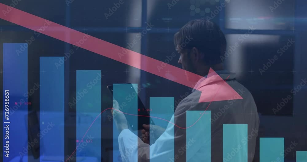 Poster animation of financial data processing over caucasian businessman using tablet