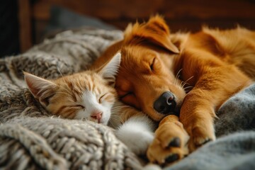 Cat and dog sleeping together. Kitten and puppy taking nap. Home pets. Animal care. Friendship and love.