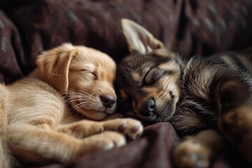 Cat and dog sleeping together. Kitten and puppy taking nap. Home pets. Animal care. Friendship and love.
