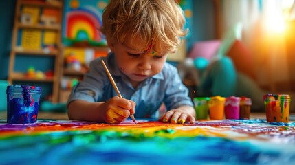 Child drawing rainbow. Paint on hands. Homeschool art homework and remote learning.