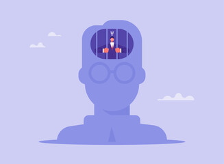 Mind prison, melancholy and frustration concept, businessman in silhouette of head behind bars, sad, depression and internal problems