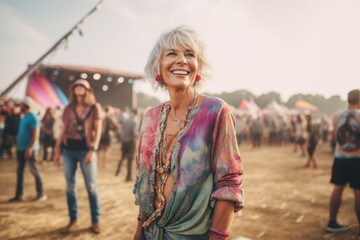 Mature woman at a music festival in front of a group of people