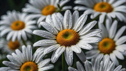 Sparkling water droplets lend a whimsical charm to dainty daisies.