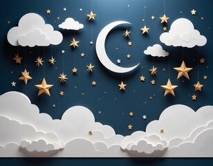 Obraz na płótnie Canvas Realistic 3d papercut night sky view on isolated white background. Modern paper craft art scene of moon and stars in clouds. Children nursery or sleep dream concept. Vector.