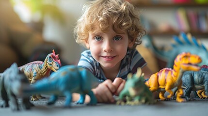 Children play with colorful toy dinosaurs educational toys for children.