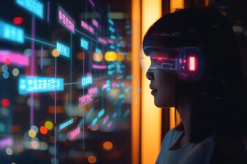 Fototapeta na wymiar Young Woman Contemplating Futuristic Digital Interface. generative AI