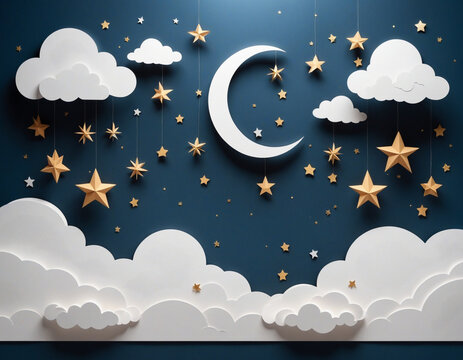 Realistic 3d papercut night sky view on isolated white background. Modern paper craft art scene of moon and stars in clouds. Children nursery or sleep dream concept. Vector.