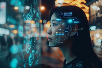 Young Woman Contemplating Futuristic Digital Interface. generative AI