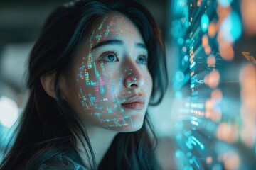 Young Woman Contemplating Futuristic Digital Interface. generative AI