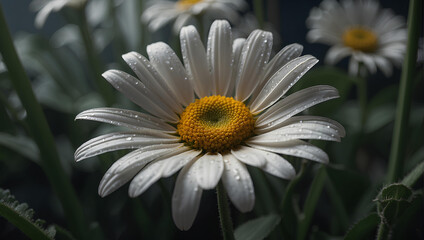 Obraz premium Nature's pearls adorn cheerful white daisies.