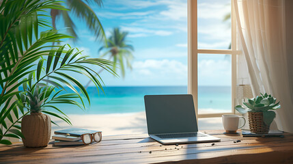 desk of free space and summer beach landscape, palm trees, generative ai