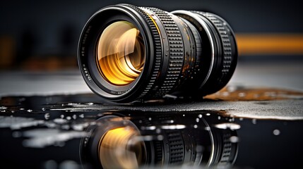 Fototapeta na wymiar Captivating camera lens with stunning lense reflections – photography equipment close-up
