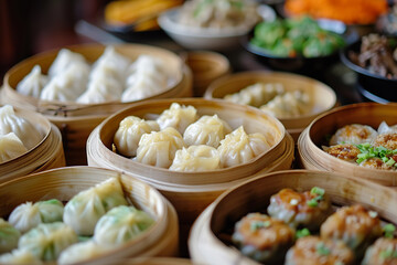 Close-up of a Chinese dim sum in bamboo steamers. 
