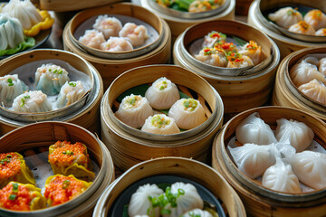 Close-up of a Chinese dim sum in bamboo steamers. 